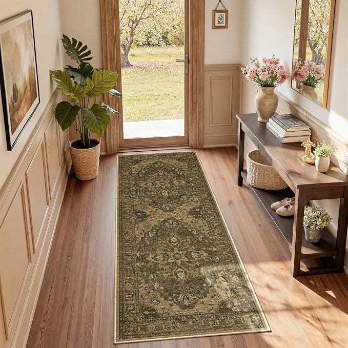RELEANY Area Rugs Runner 2'x5' Washable Non-Slip, Floral Vintage Distress Medallion Carpet for Kitchen Hallway Bedroom Beside Laundry Room Bathroom, Brown Dark Brown