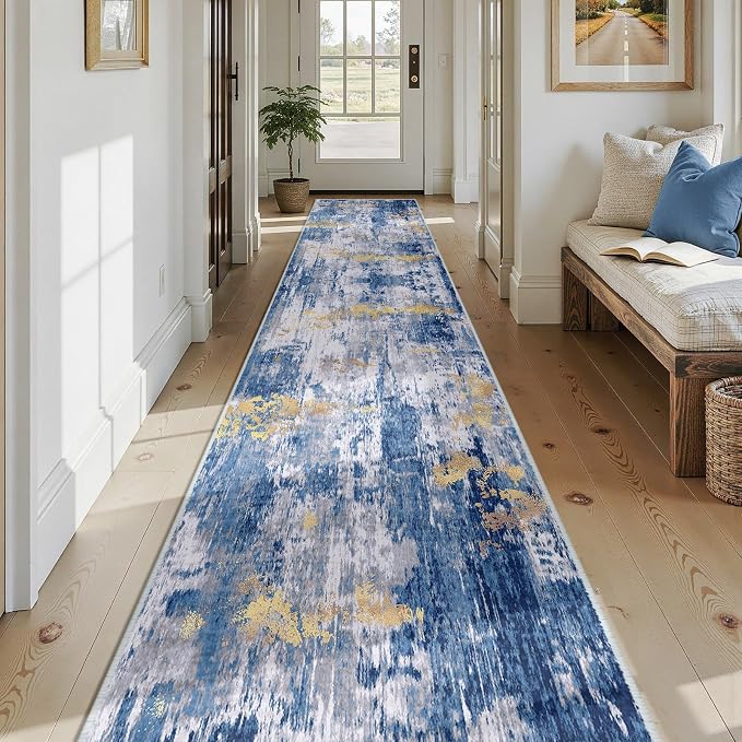 RELEANY Washable Area Rugs 2'6"x14 Non-Slip Modern Abstract Soft for Living Room Entryway Bedroom Kitchen, Print Pattern, Grey Blue Gold/Golden