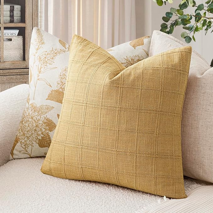 Foindtower Set of 2 Decorative Linen Check Throw Pillow Covers Neutral Farmhouse Vintage Cushion Covers Modern Boho Accent Home Decor for Sofa Chair Couch Bedroom Living Room,22×22 Inch,Amber Gold