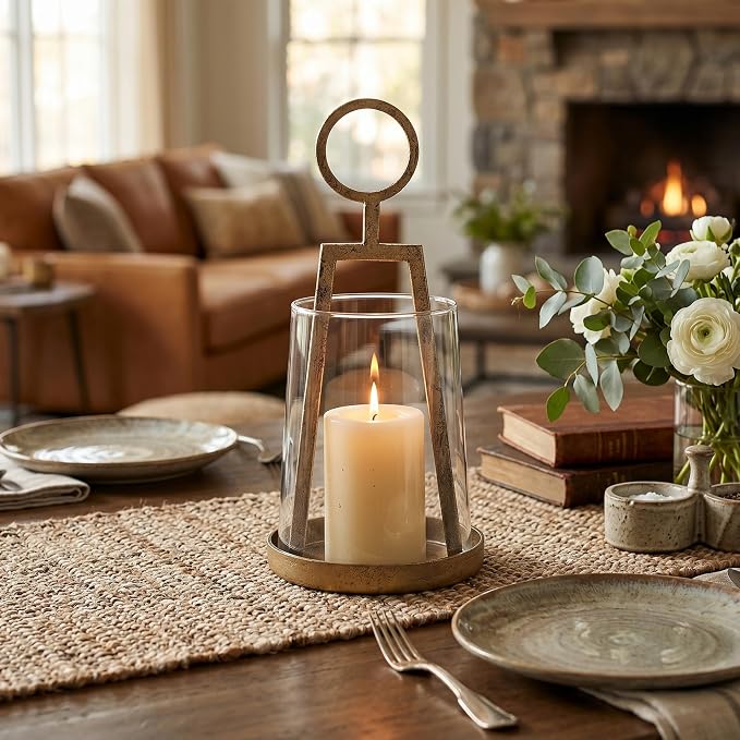Small Farmhouse Hurricane Candle Holder (4.3" W x 9.2" H), Antique Brass Metal Lantern with Clear Glass Sleeve, Compact Tabletop Decor for Pillar Candles & Small Plants