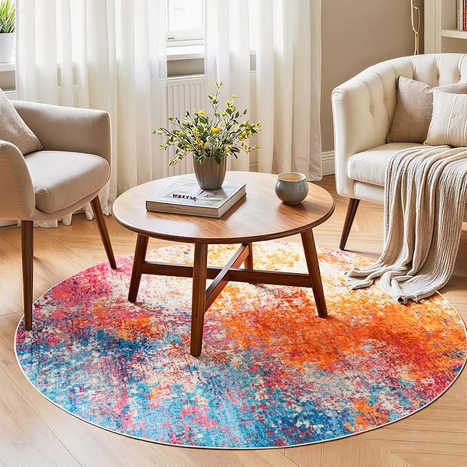 Rugflix Round Area Rugs 4Ft for Living Room, Washable Circle Rug Stain-Resistant Low Pile, Modern Dark Carpet for Bedroom Dining Room Home Office Kid Nursery Room, Rainbow