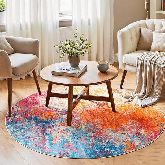 Rugflix Round Area Rugs 4Ft for Living Room, Washable Circle Rug Stain-Resistant Low Pile, Modern Dark Carpet for Bedroom Dining Room Home Office Kid Nursery Room, Rainbow