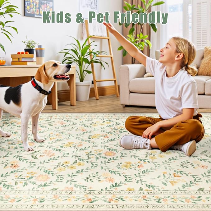 Round Area Rug for Living Room: 8 ft Floral Washable Circle Rug Soft Boho Non-Slip Carpet Indoor Floor Stain Resistant Low Pile Small Circular Rug for Bedroom Entryway Kitchen Nursery Beige/Multi