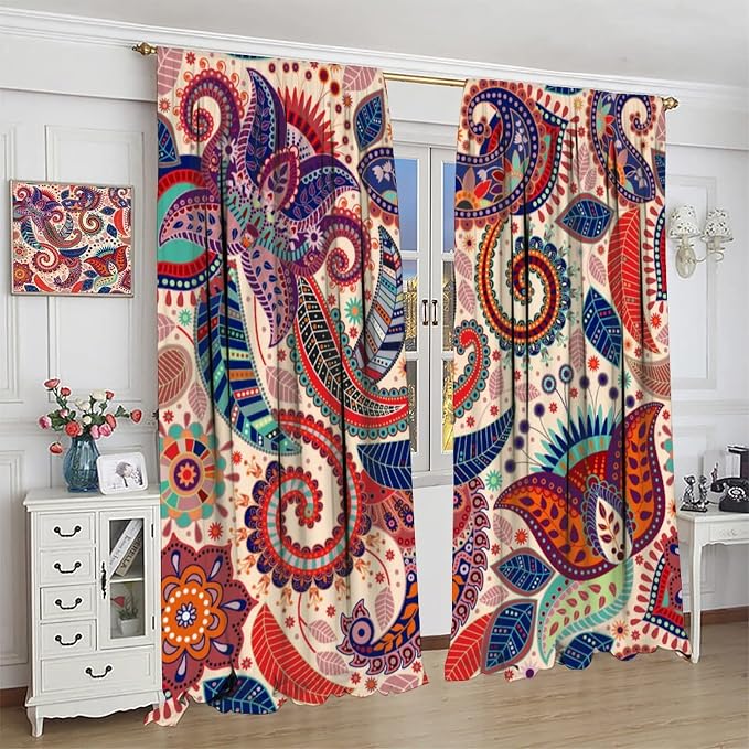 Boho Decorative Curtains Bedroom Living Room Rod Pocket Curtains, Vintage Boho Grill Floral Pattern 2 Panel Set, 63x72 in.