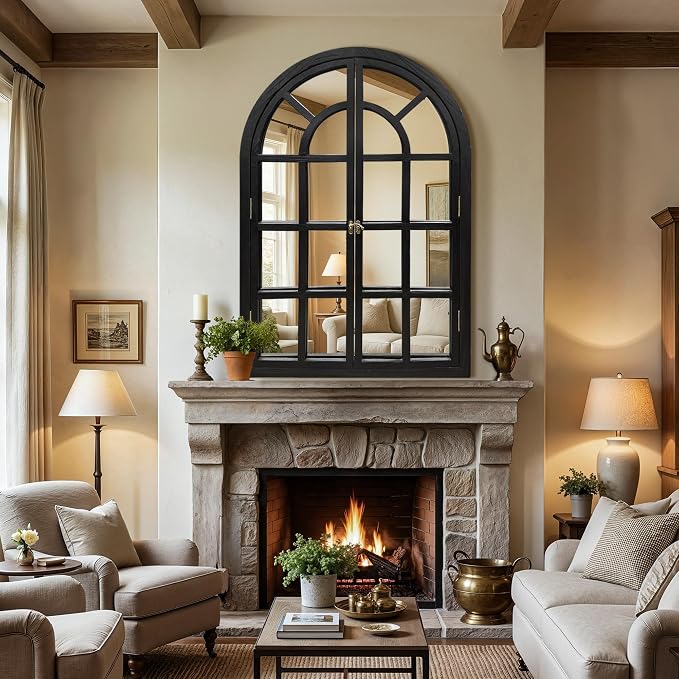 Arched Window Mirrors for Wall, Wooden Rustic Farmhouse Mirror for Wall Decor 28 x 40 Black, Decorative Wall Mirror Arch for Living Room, Bedroom, Bathroom, Fireplace, Farmhouse