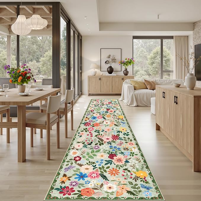 Runner Rug for Entryway: 2.6x14 Kitchen Rugs Non Slip Washable Ultra-Thin Soft Floral Carpet Indoor Floor Stain Resistant Carpets for Hallway Bedroom Kitchen Laundry Bathroom Dorm Green