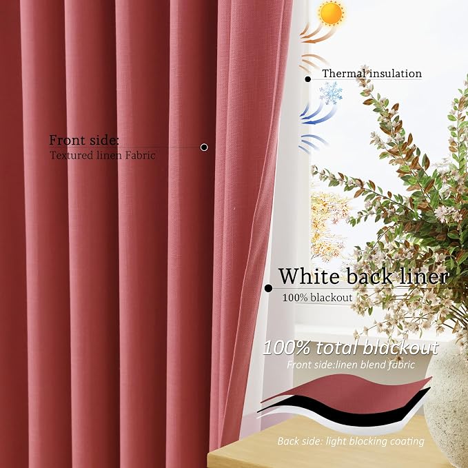 Jowels Red Linen Blackout Curtains 84 Length 2 Panels Set for Living Room Bedroom, 100% Black Out Thermal Insulated Linen Drapes, Room Darkening Grommet Curtains 84 Inches Long, Red