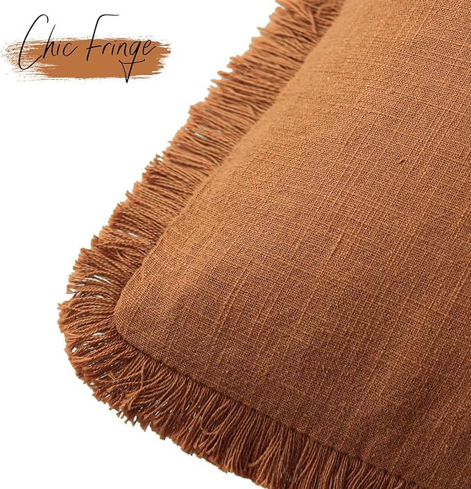 Foindtower Set of 2 Decorative Linen Fringe Throw Pillow Covers Cozy Boho Farmhouse Cushion Cover with Tassels Soft Accent Pillowcase for Couch Sofa Bed Living Room Home Decor, 26×26 Inch, Orange