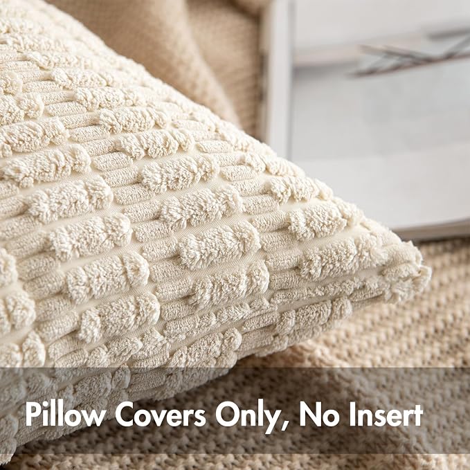 MIULEE Pack of 2 Corduroy Decorative Euro Sham Throw Pillow Covers 22x22 Inch Soft Boho Striped Pillow Covers Modern Farmhouse Home Decor for Sofa Living Room Couch Bed Cream White