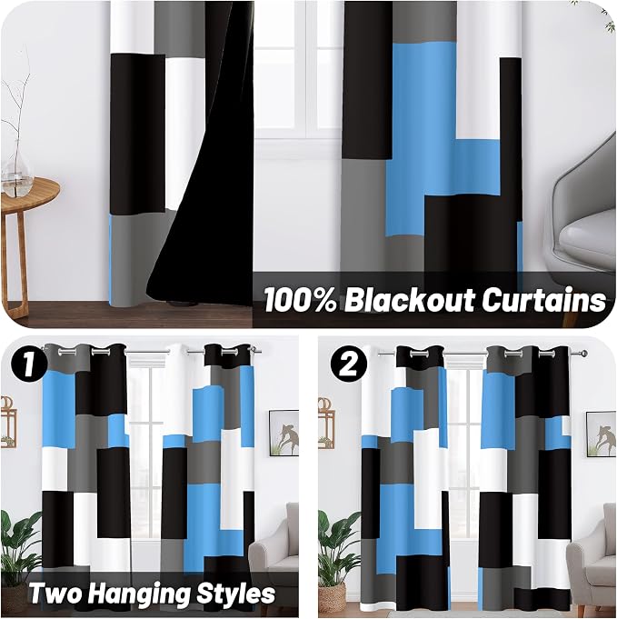 Tyrot Light Blue 100% Blackout Curtains for Bedroom 84 inch Length 2 Panels Set Grey Modern Abstract Geometric Black Out Curtains Insulated Room Darkening Window Drapes for Living Room, 42Wx84L