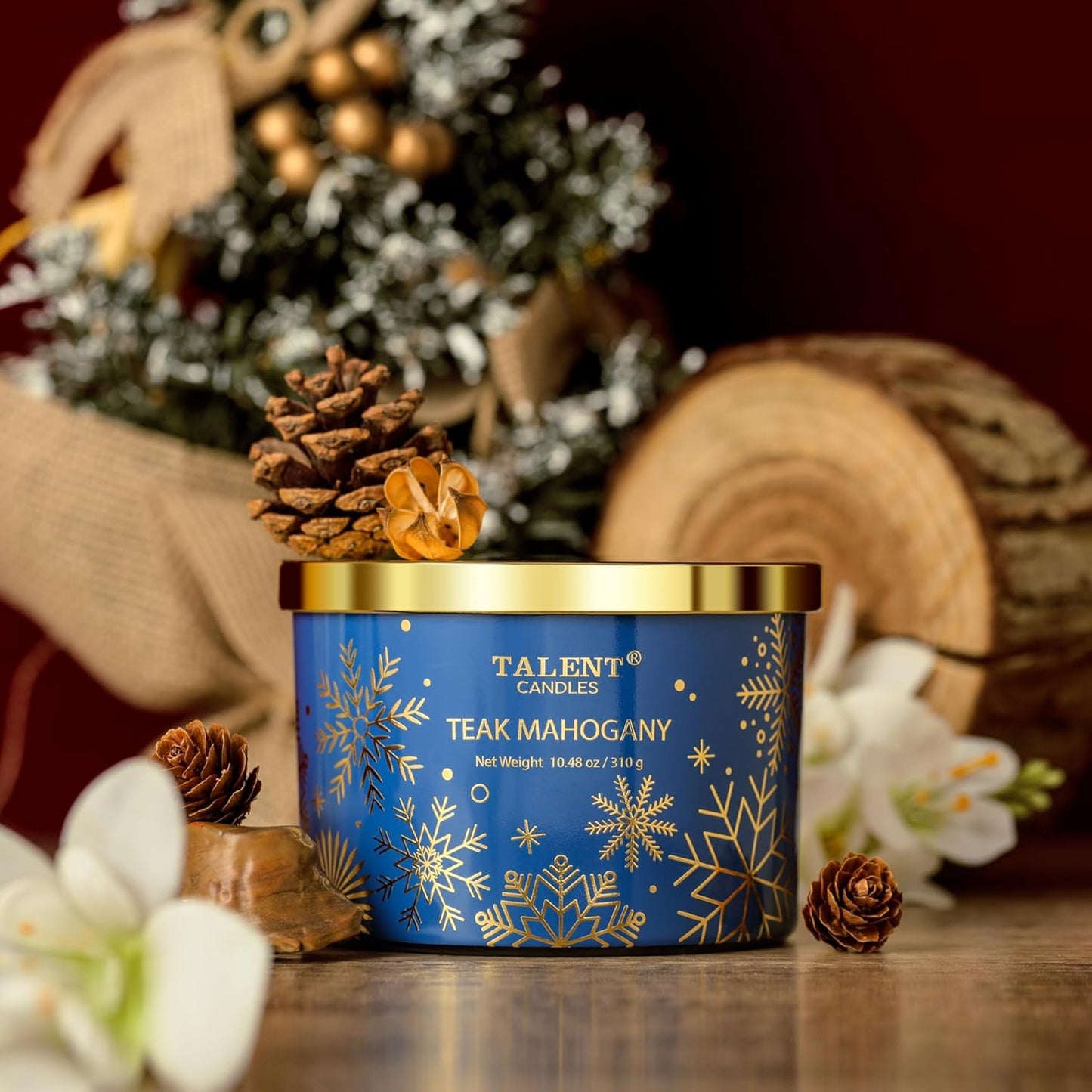 Christmas Candles, Large 3 Wick Jar Candles, Christmas Scented Candles Gifts for Women, Christmas Gift Ideas with Soy Wax Candles, Teak Mahogany