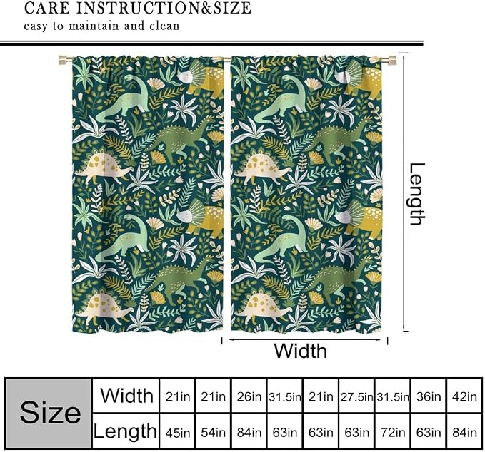 YCness Tropical Dinosaur Curtains for Boys Girls Children Nursery Playroom Room Decor Cute Cartoon Dino Flowers Art Printed Window Drapes Decor Fabric Set 2 Panel 42x45 Inch 30% Shading Rate