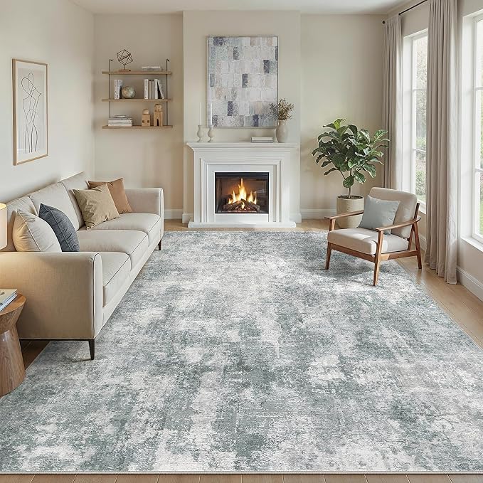 WITSHOCK Area Rugs 10x14 Living Room Rug - Washable Neutral Soft Low Pile Non-Slip Modern Abstract Thin Large Indoor Carpet for Bedroom Dining Room Nursery Office - Grey