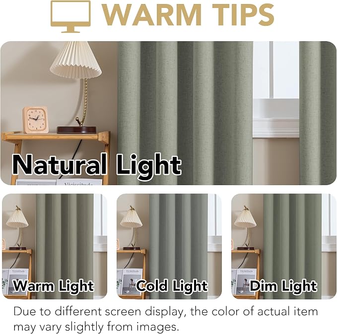 H.VERSAILTEX Linen Curtains 100% Blackout Curtains for Bedroom 120 inch Long Full Light Blocking Nature Linen Blended Window Curtains for Living Room Nickel Grommet (2 Panels, Heathered Dried Sage)