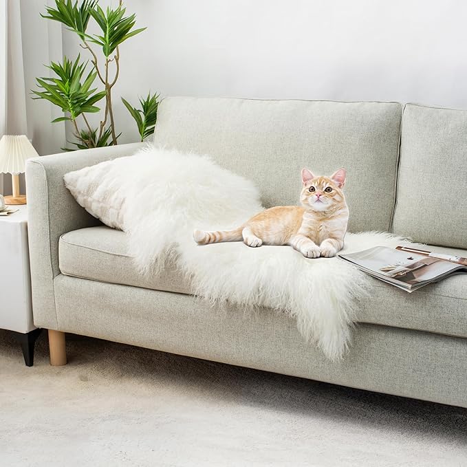 100% Genuine Sheepskin Area Rug Real Lightweight Fluffy Soft Mongolian Long Wool Fur Carpet for Couch Bed Sofa Bedroom Living Room White 2x3ft
