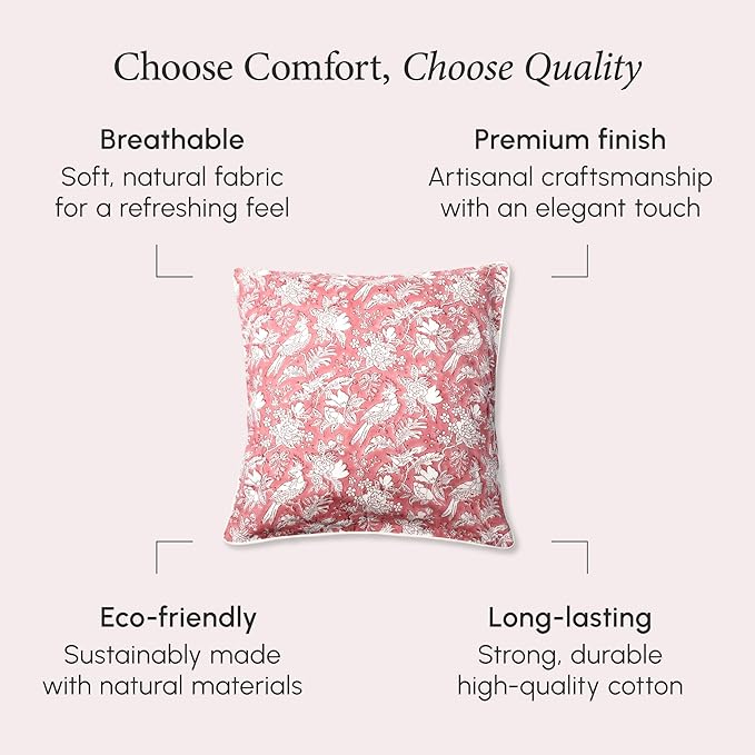 CPC 100% Cotton Throw Pillow Covers 24x24 Inch, Set of 2 Red Block Print Pattern Couch Pillow, Cute Boho Decorative Pillows for Living Room, Bedroom with Hidden Zipper- Pink Coral