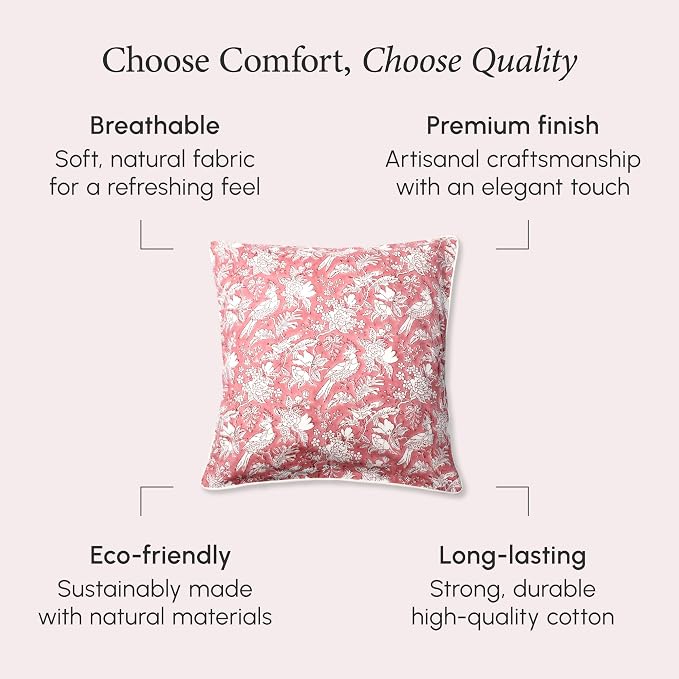 CPC 100% Cotton Throw Pillow Covers 18x18 Inch, Set of 2 Pink Block Print Pattern Couch Pillow, Cute Boho Decorative Pillows for Living Room, Bedroom with Hidden Zipper- Pink Coral