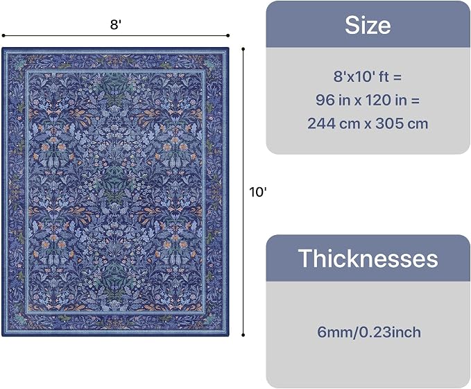 GENIMO 8x10 Washable Area Rugs for Living Room, Non Slip, Blue | Vintage Boho Floral Low Pile Thin Carpet for Bedroom, Dining Room, Nursery, Indoor Decor