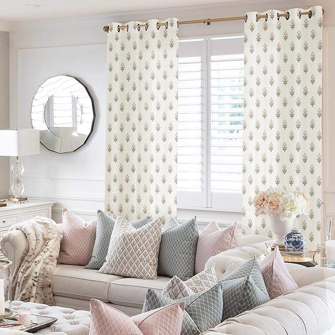 Lino Rosa Kids Curtains for Bedroom Girls,Soft Pale Pink and Green Floral Preppy Curtains for Baby Nursery Room