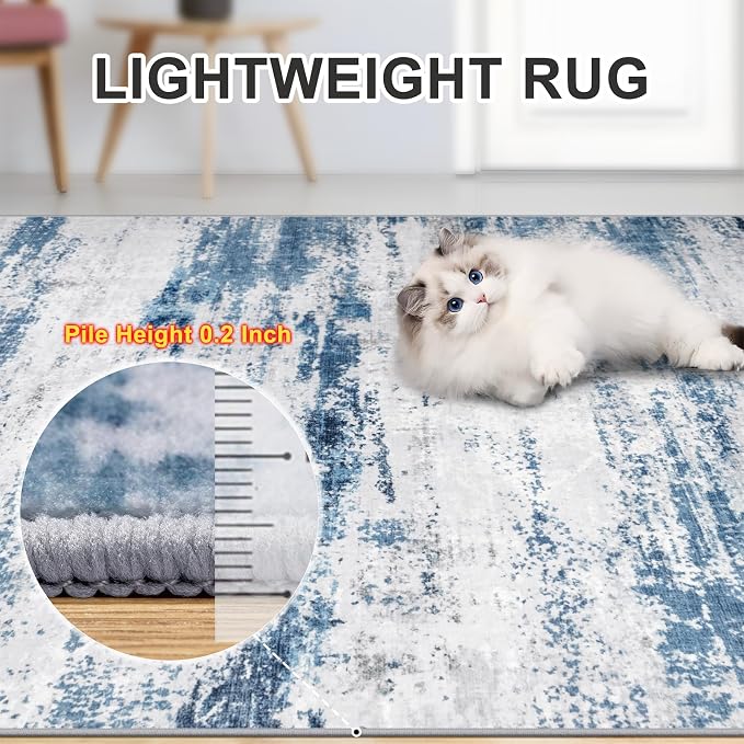 Area Rugs 10x14 Living Room - Washable Rug Modern Abstract Soft Large Neutral Non-Slip Carpet Indoor Floor Thin Carpets for Bedroom Dining Room Farmhouse Nursery Home Office White Blue Grey