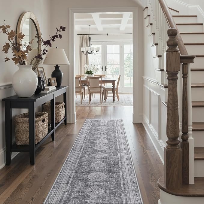 GENIMO Runner Rug 3x8 Non Slip Machine Washable Hallway Runner Rug, Low Pile Lightweight Rugs for Entryway, Hallway, Kitchen and Corridor, Vintage Grey