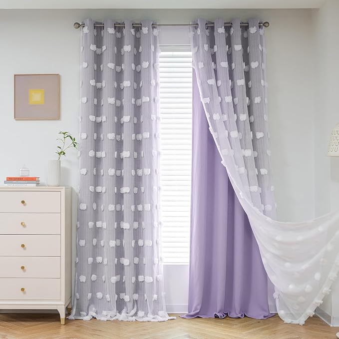 MYSKY HOME Lilac Curtains for Bedroom 72 Inches Long Nursery Curtains Pom Pom White Sheer Curtains for Girls Room Double Layer for Toddler Bedroom Grommet Room Darkening Window Panels 52" x 72"