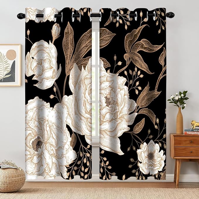 Boho Floral Blackout Curtain, Black Gold Flowers Plant Aesthetic Art Watercolor Curtains Darkening Thermal Insulated Grommet Window Drapes for Living Room Bedroom Decor 2 Panels 52x63 Inches