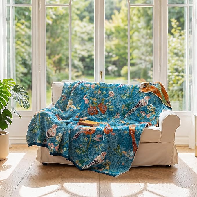 LUTBM Boho Throw Blanket for Couch Sofa Chair Cotton Spring Blankets for Bedroom Living Room All Season Lightweight Reversible Floral Birds Embroidery Throws 50"x60"