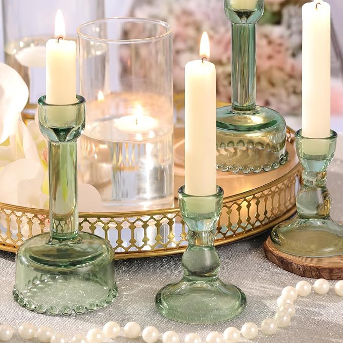 Lanttu 6 Pcs Green Glass Candlestick Holders Taper Candle Holder Bulk | Crystal Candle Holders for Wedding, Table Centerpiece, Home Decoration