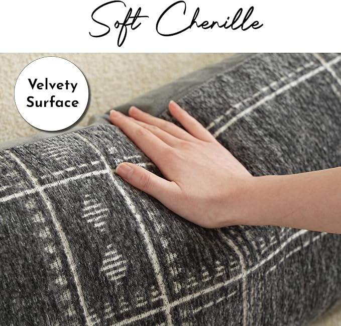 BlissBlush Decorative Lumbar Pillow Cover 14x36, Long Decorative Throw Pillow for Bed, Dark Gray Boho Textured Chenille Accent Pillowcase for Bedroom Home Décor (Cover Only)