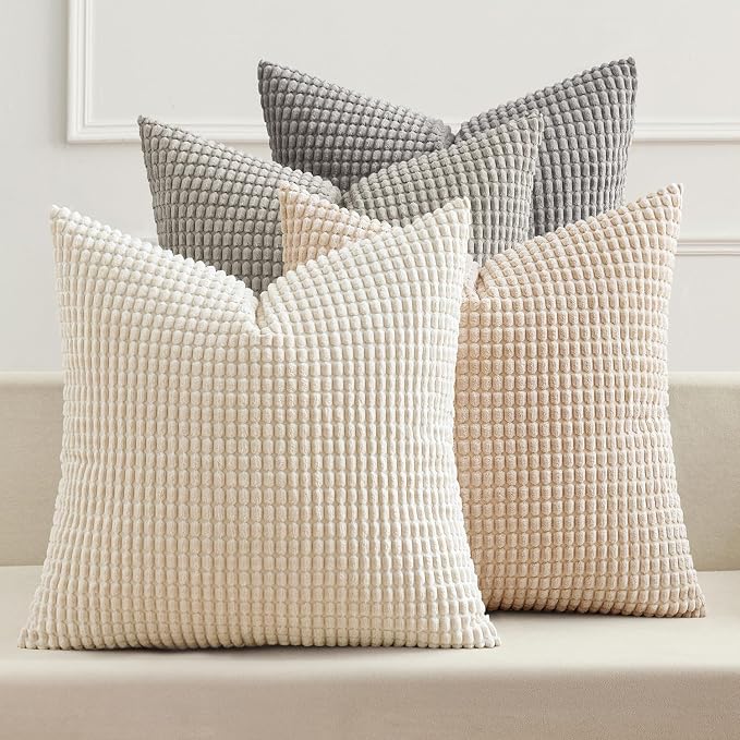 MIULEE Boho Farmhouse Decorative Pillow Covers 20x20 Inch Set of 4 Neutral | Rustic Modern Neutral Home Decor Couch Throw Pillows Corduroy Pillowcases for Sofa Living Room Bed