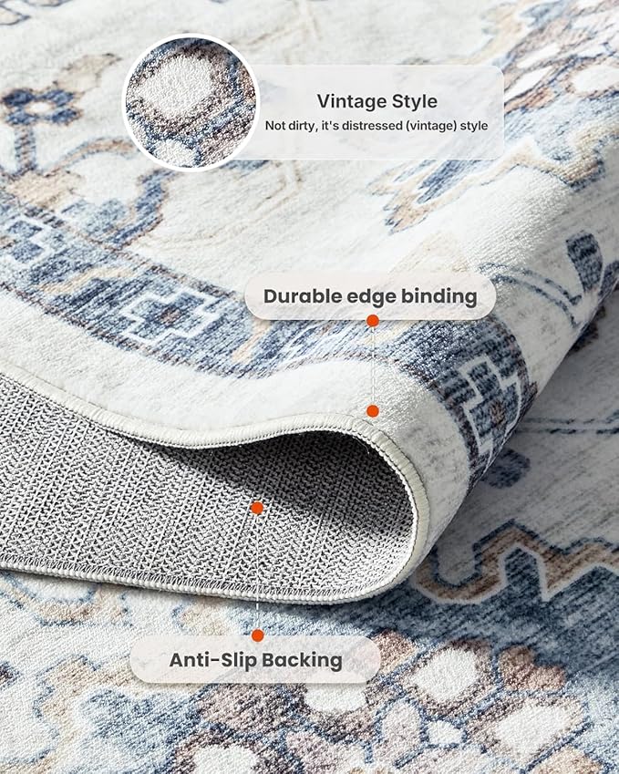 AMADA HOMEFURNISHING 9x12 Washable Area Rug, Low-Profile Large Area Rug with Non-Slip Backing & Durable Edge Binding, Vintage Large Rugs for Living Room, Bedroom & Dining Room