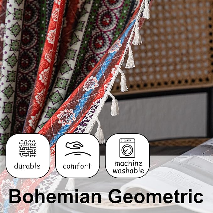 VOGOL Extra Long Boho Curtains, Red & Blue Striped Print Window Treatments for Kitchen, Faux Linen Bohemian Drapes with Decorative Tassels, 1 Piece, 52 x 108