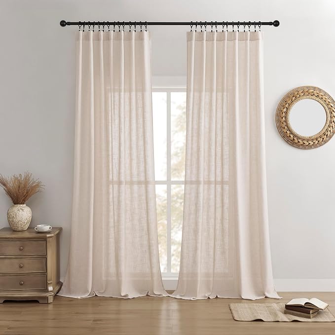 Joydeco Linen Curtains for Living Room,Semi Sheer Drapes Window Long Curtains 72 inches Long Pink Beige