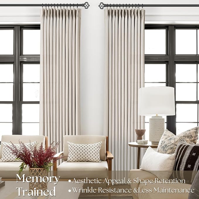 80 Inch Linen Curtains 2 Panel Set for Living Room Natural Beige Pinch Pleat Curtain Memory Trained with Hook FarmhouseRustic Canvas Textured Light Filtering Track System Pleated Drapes 80 Long