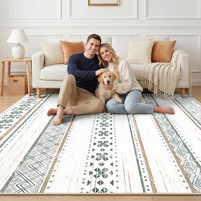 BESTSWEETIE 8x10 Area Rugs for Living Room Washable Moroccan Farmhouse Neutral Geometric Low Pile Non-Slip Soft Print Pattern Rug for Bedroom Kitchen Dining Room Entryway Green/Brown/Brown