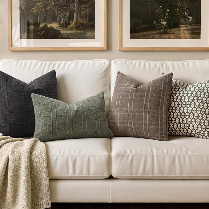 MIULEE Decorative Linen Check Lumar Throw Pillow Covers Neutral Farmhouse Vintage Spring Pillow Covers 12x20 Set of 2 Boho Modern Home Decor for Sofa Couch Bedroom Cushion Olive Green