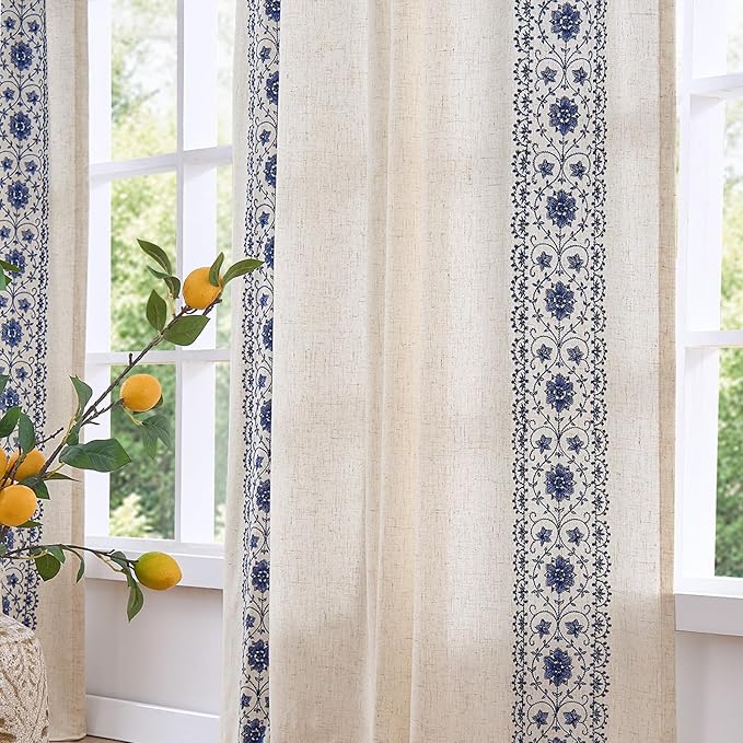 jinchan Weslie Boho Lined Linen Curtains for Bedroom Blue Vintage Floral Farmhouse Curtains 63 Inch Length Linen Drapes for Living Room Embroidered Drapes Rod Pocket Blue on Beige 2 Panels