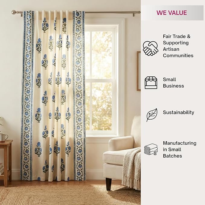 ATOSII 100% Cotton Single Panel Block Print Curtain, Easy Hanging with Rod Pocket & Loop, Living Room, Dining Room, Bedroom Light Filtering Boho Curtains, Set of 1, 60" W X 108" L, Flora Blue Poppy