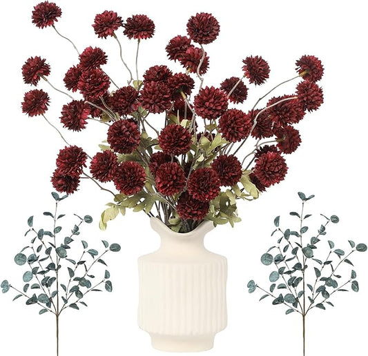 DuHouse Artificial Flowers for Vase Kiku 8 Stems & 2 Eucalyptus,Fake Flowers Stems for DIY Wedding Bouquets Centerpieces Vase Home Table Kitchen Decorations