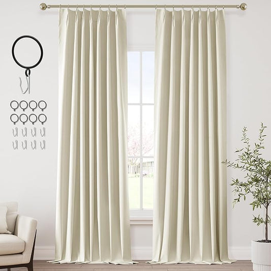 100 Inch Long Blackout Curtains 2 Panel Set Pinch Pleated Curtains with Hooks and Rings Cream Color Linen Black Out Back Tab Darkening Thermal Insulated Floor Ceiling Bedroom Window 40" W x 100" L