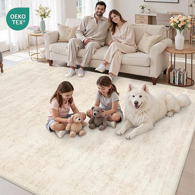 4x6 Area Rugs for Living Room: Vintage Boho Neutral Washable Rug Indoor Soft Large Area Rug Carpet for Bedroom Nursery Farmhouse Dining Room Office Floor Non-Slip Low Pile Under Table Rug Retro Beige