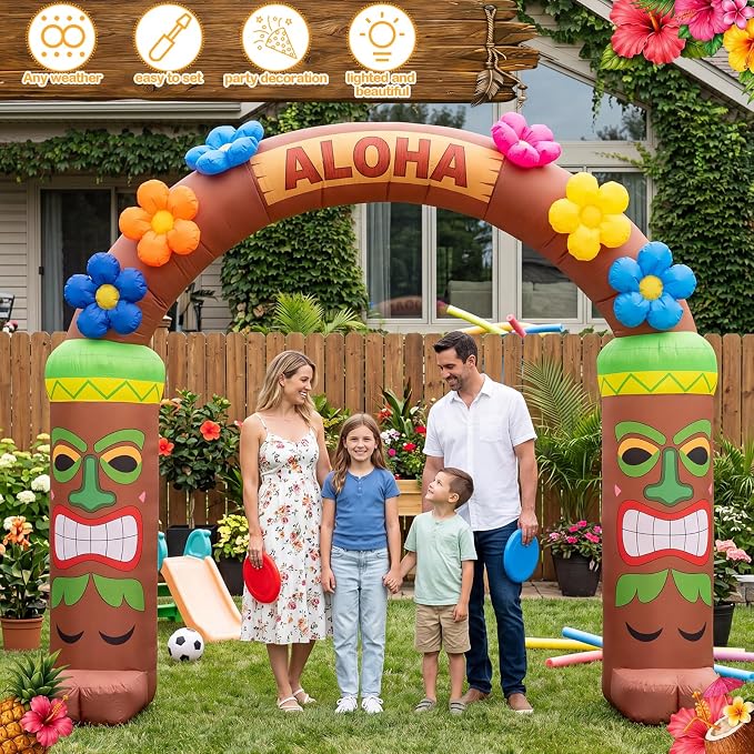 10 Ft Luau Hawaiian Inflatable Archway - LED Lighted Summer Decorations Aloha Tiki Blow Up Arch Party Decor for Summer Tropical Beach Pool Indoor Outdoor Lawn Garden Patio Yard