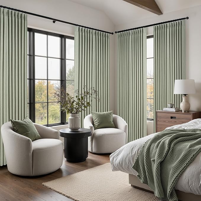 Pinch Pleated Curtains 90 Inches Long 2 Panels Set,Sage Green Semi Sheer Cotton Blend Fabric Aesthetic Advanced Curtain Drapes for Living Room Bedroom,40x90 inch Length
