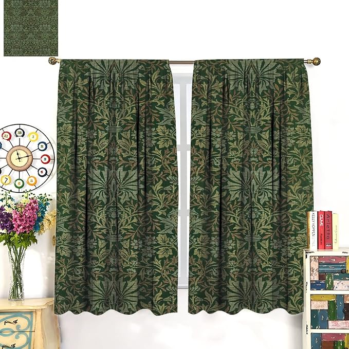 Bohemia Art Blackout Window Curtains, William Morris Original Design Green Garden Vintage Curtains, for Living Room Bedroom 42(W)*84(L) 2 Panels