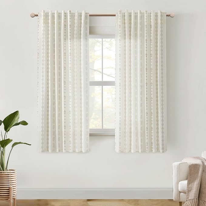 64 Inch Rod Pocket Curtains Sheer Linen Boho Floral Pattern Farmhouse Back Tab Curtains for Living Room 2 Panel Set
