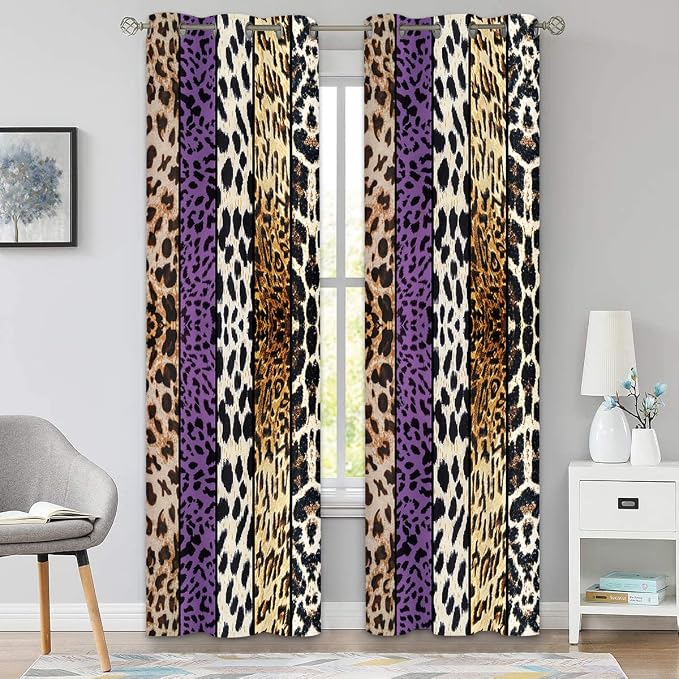 Wild Animal Print Curtain, Room Darkening Thermal Insulated Blackout Leopard Boa Window Drapes with Grommets for Living, Dining, Bedroom, Purple Leopard Print, 42"x 90", 2 Panels