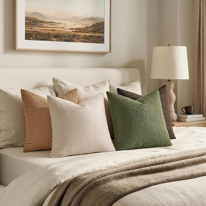 MIULEE Pack of 4 Decorative Textured Boucle Throw Pillow Covers | 18x18 Inch Green Brown Accent Pillow Cases Soft Couch Cushion Covers Modern Farmhouse Boho Sofa Bed Livingroom Home Decor