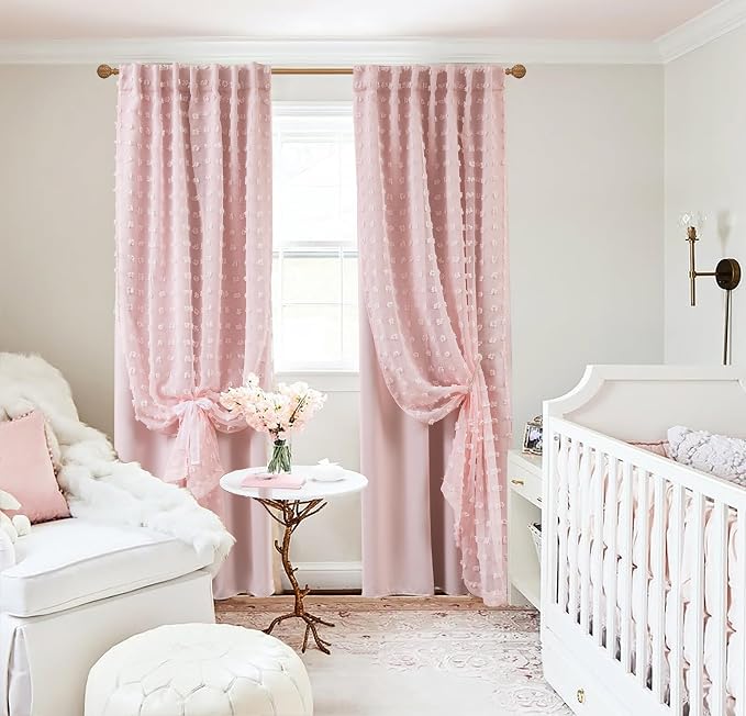 Lino Rosa Short Curtains for Bedroom Windows,Blackout Boho Pink Sheer Overlay Pom Pom Ruffle Double Layer Privacy Curtains for Nursery Girls Room Bathroom 45 Inch Length
