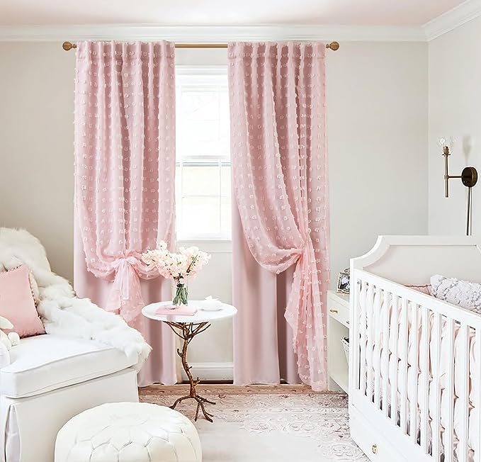 Lino Rosa Black Out Curtains 72 Inch Long,Pale Pink Pompom Boucle Patterned Sheer Double Layer Blackout Curtains for Bedroom Nursery Cortinas para Cuarto De Niña
